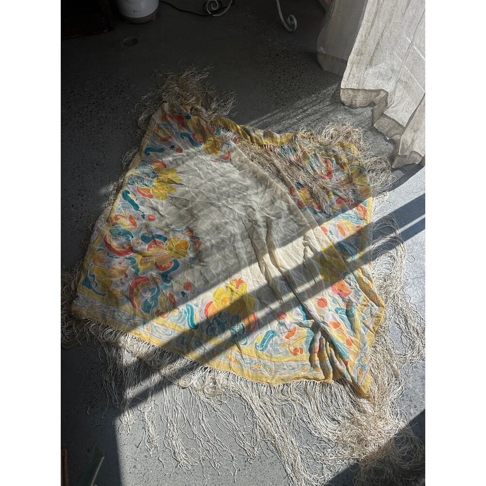 Vintage Sheer Fringe Floral Large Silk Shawl Wrap